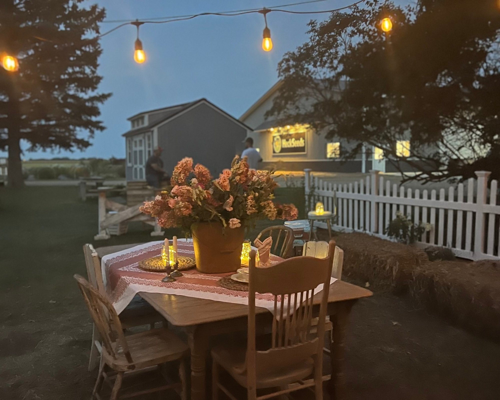 An image of an evening setting of a table outside in the garden, ready for an intimate party.