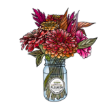 A sketch drawing of a bouquet of flowers in hues of red, pink and touches of orange arranged in a blue mason jar.