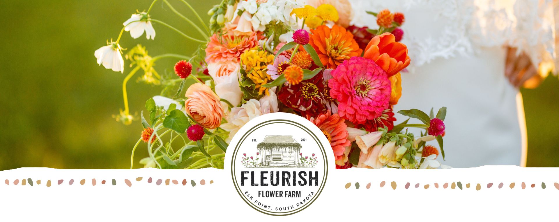 Close up image of a bride's floral bouquet from Fleurish Flower Farm.