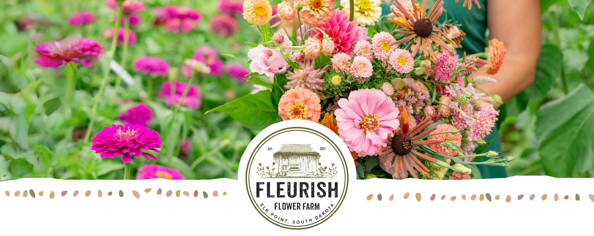 Owner Christy Heckathorn holding a bouquet of flowers at Fleurish Flower Farm.